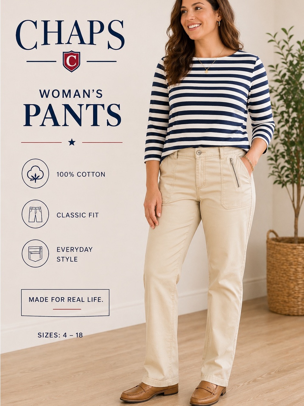 Chaps Straight-Leg 100% Cotton Pants in Beige size 8